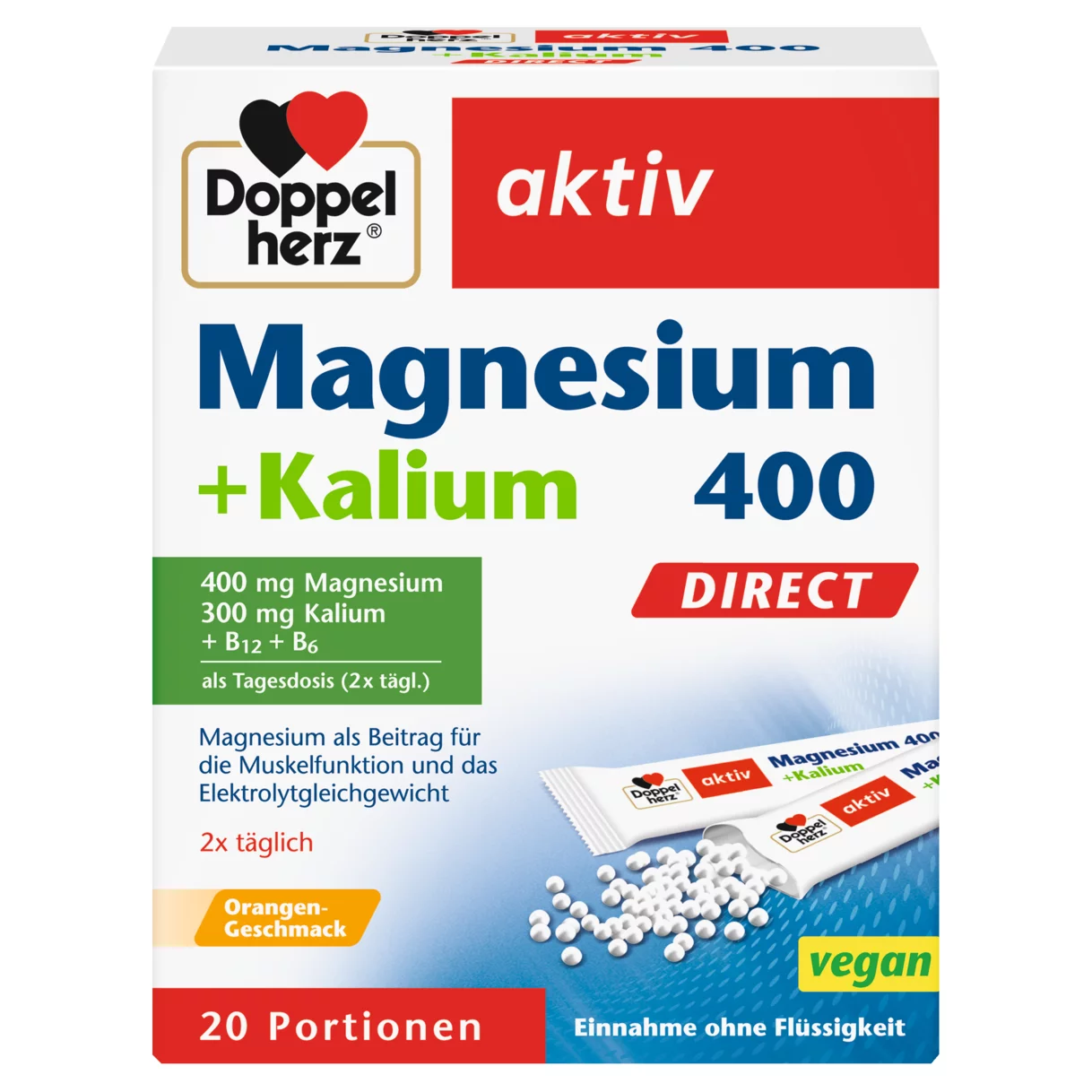 Abbildung der Produktverpackung Doppelherz aktiv Magnesium 400 + Kalium DIRECT Frontansicht